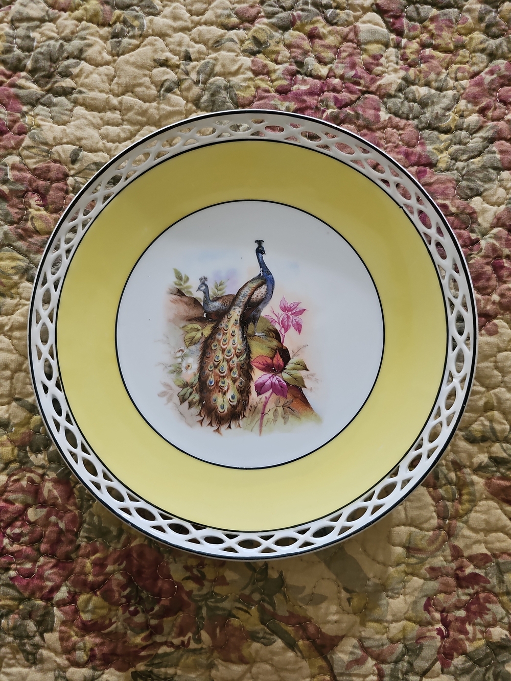 Vintage Bavaria Yellow Peacock Decorative Pierced Lacy Rim Ceramic Plate